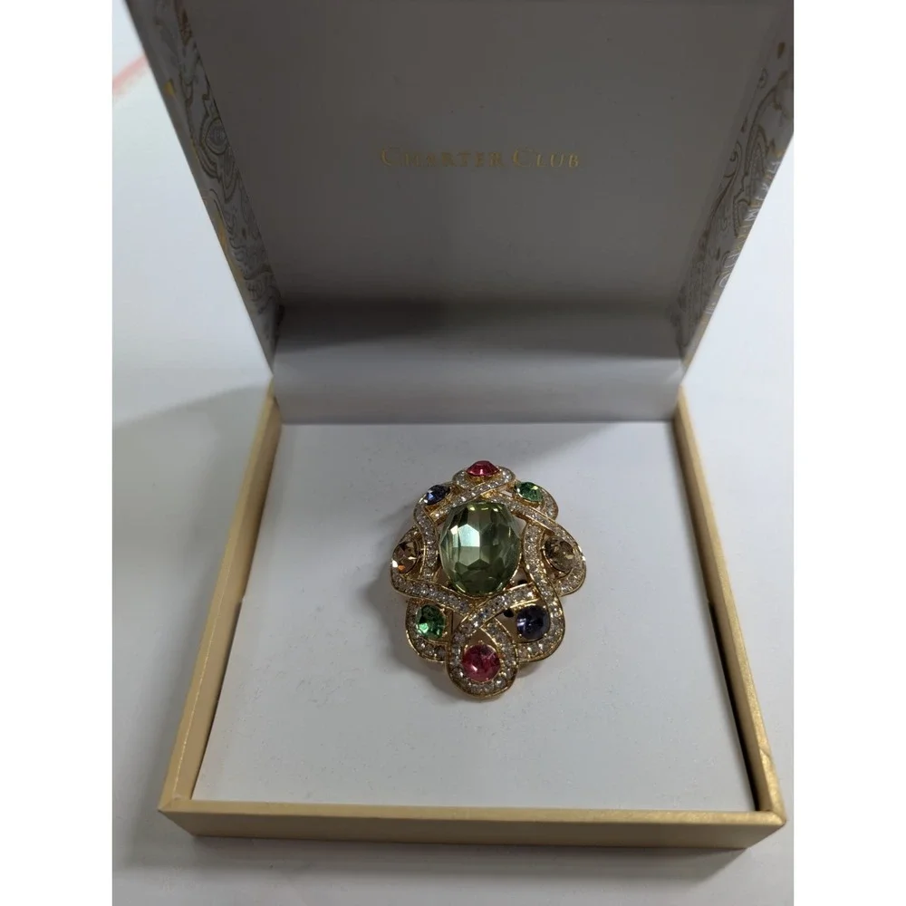 CHARTER‎ CLUB MULTI COLOR RHINESTONE GOLD TONE FLOWER BROOCH
